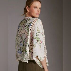 Anthropologie Ivory Floral Lace Kimono with Pastel Bouquet